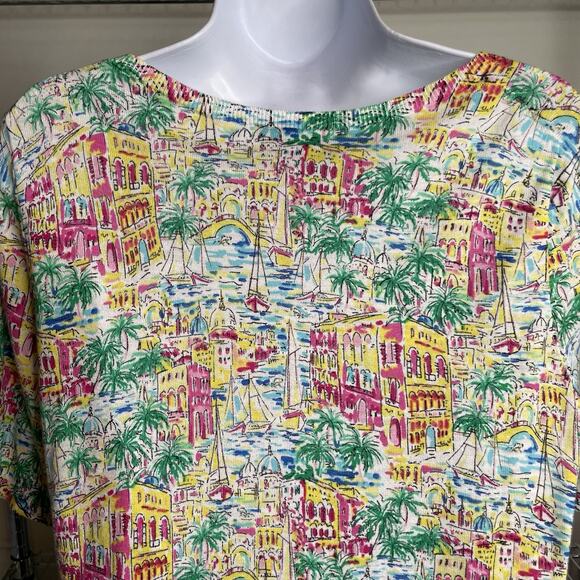 Talbots Santorini Greece V Neck Casual Top Size M Petite Euro Summer Art To Wear - Picture 6 of 10